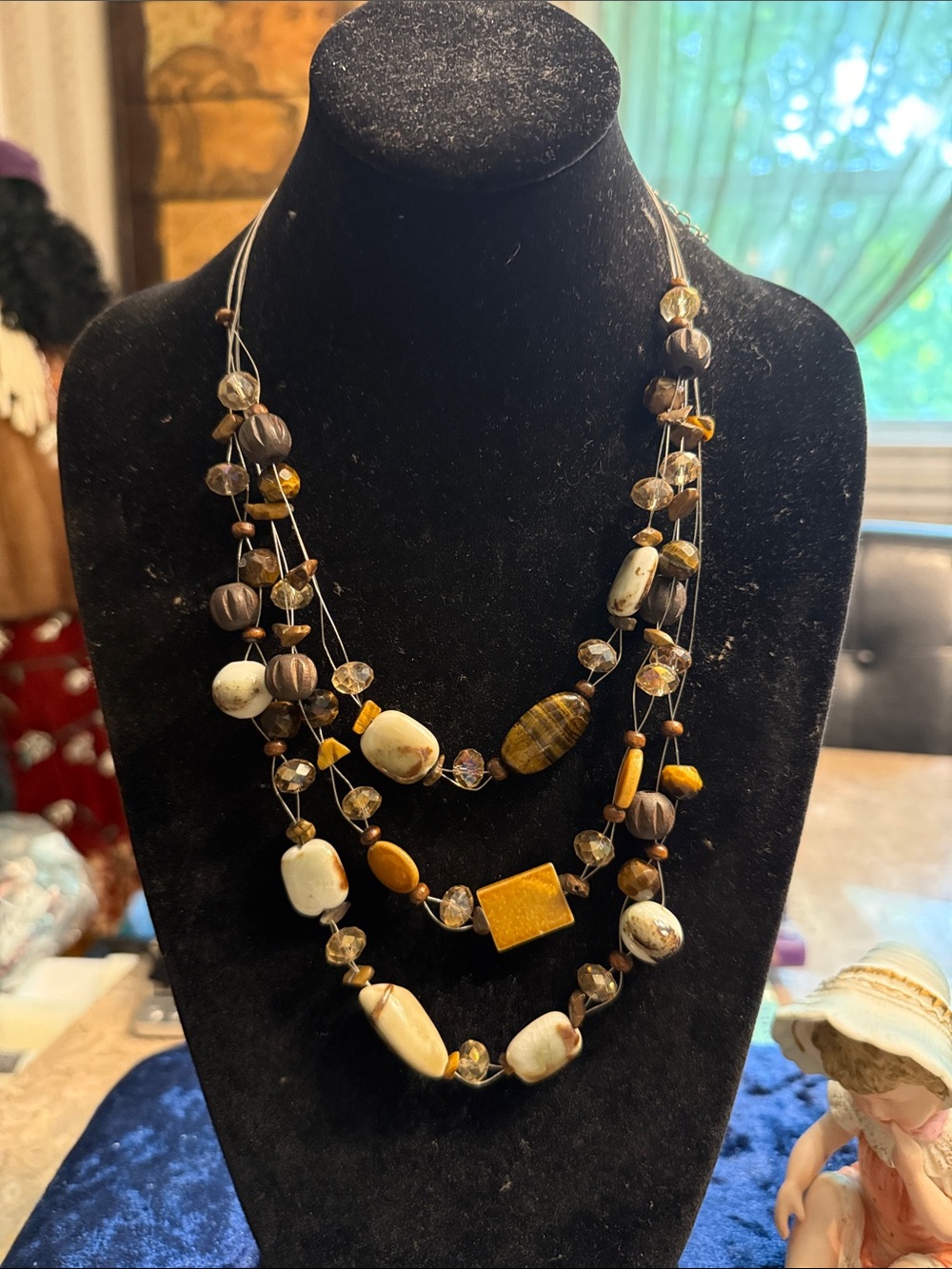 Unusual earth tone 3 strand semi precious stone and porcelain floating necklace